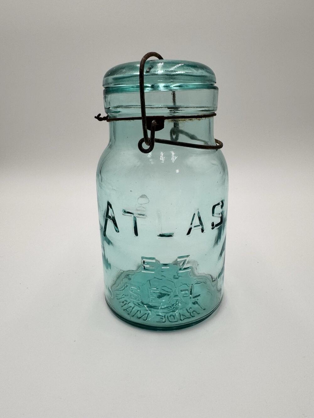 Antique Aqua Green Atlas E-Z Seal Jar w/ Wire Bail & Lid- 1 Qt. w Unique Bubbles
